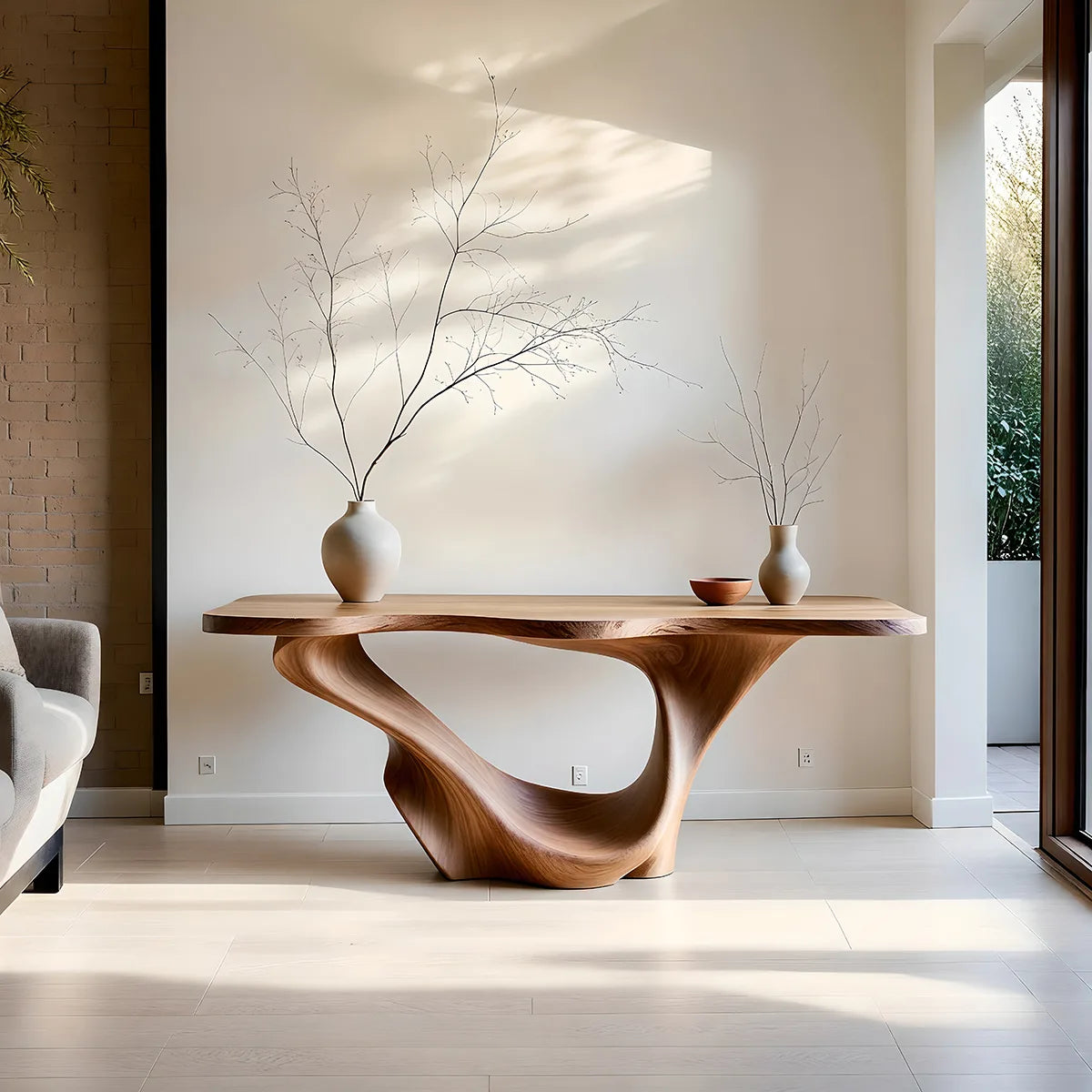 Sculptural Solid Wood Console Table with Organic Flowing Base