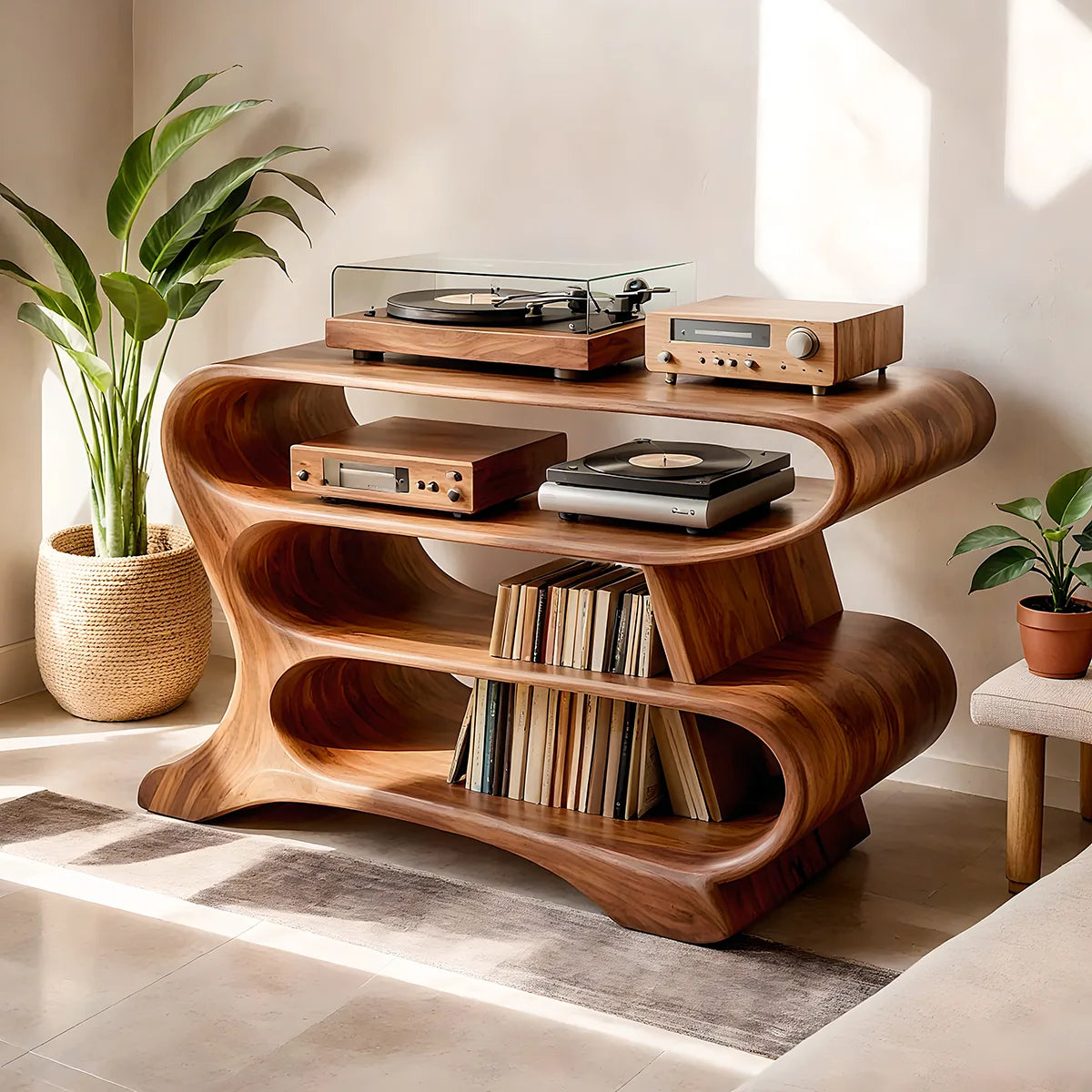 Solid Wood Record Player Stand, Wave-Shaped Curved Vinyl Storage Cabinet