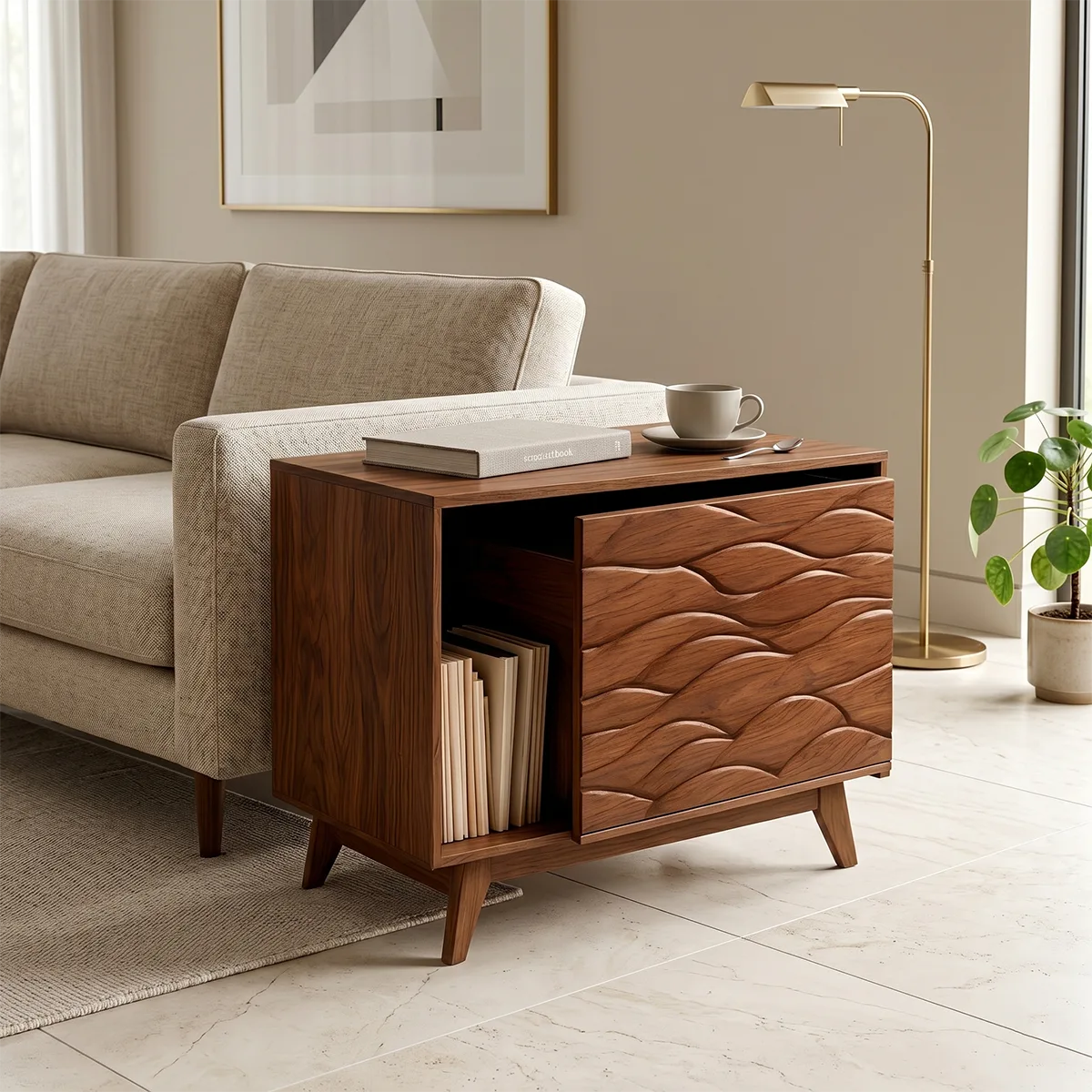 Modern Solid Wood End Table with Sliding Door | Mid Century Storage Side Table TH003-6980