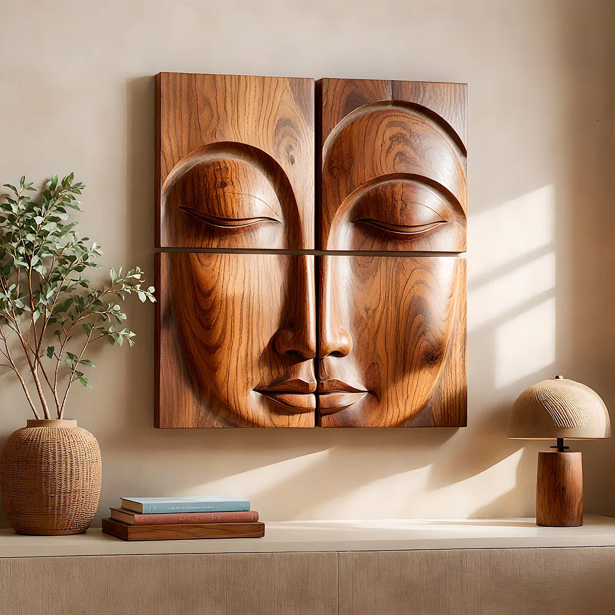 Abstract Wooden Face Wall Art | Large 4 Panel Hand Carved Wood Sculpture TT006-3622