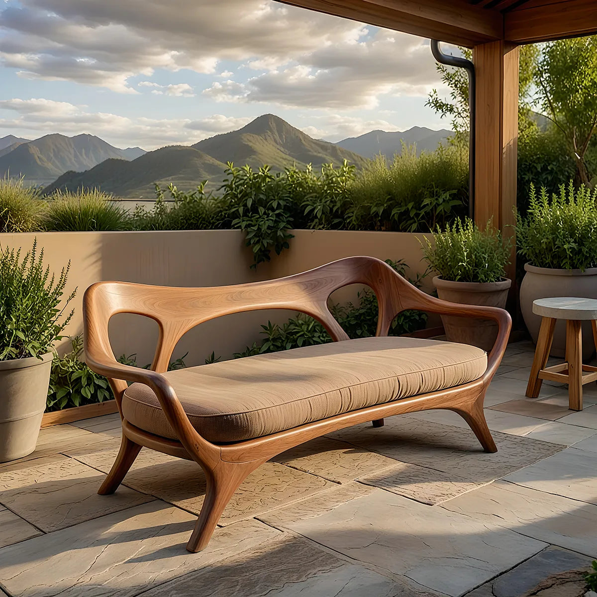 Luxury Organic Modern Outdoor Solid Wood Sofa with Sculptural Backrest