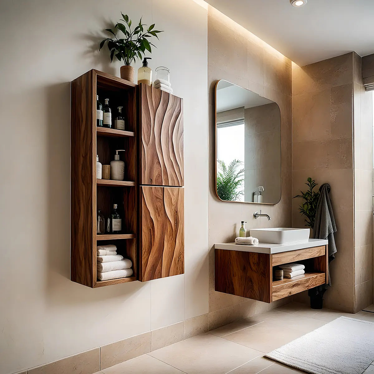 Handcrafted Solid Wood Bathroom Wall Storage Cabinet with Open Shelves