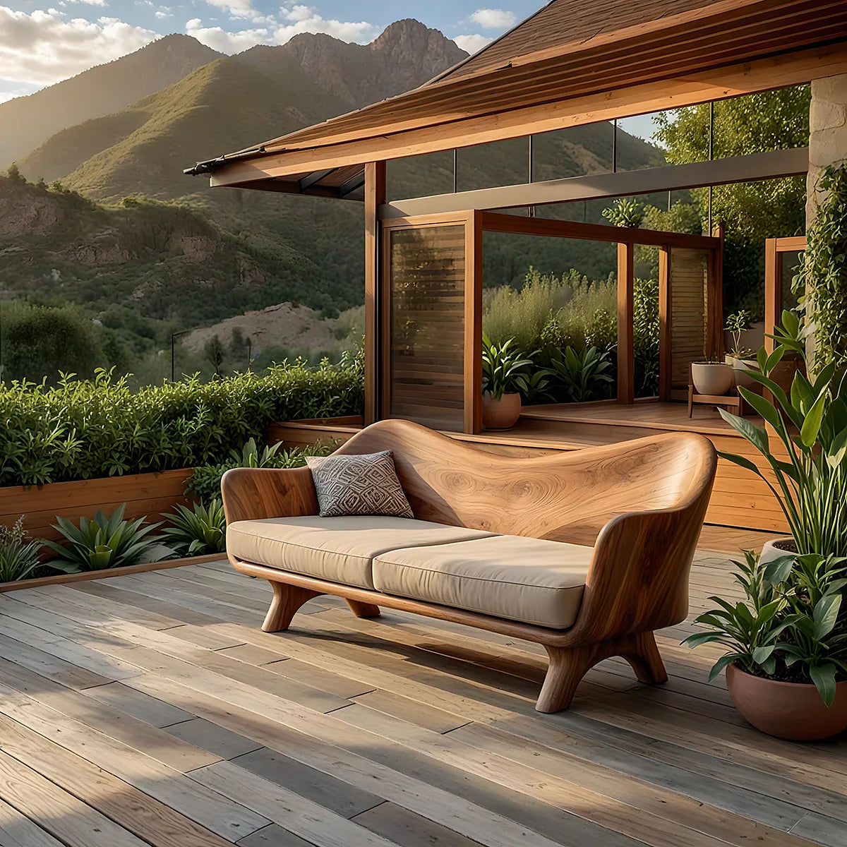 Luxury Organic Modern Outdoor Wooden Sofa with Sculptural Curved Frame