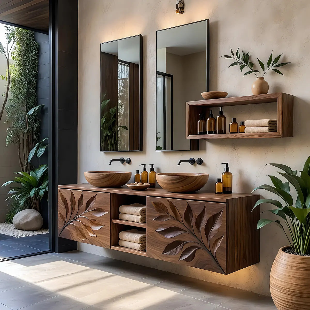 Leaf Carved Floating Double Sink Bathroom Vanity TT006-8363