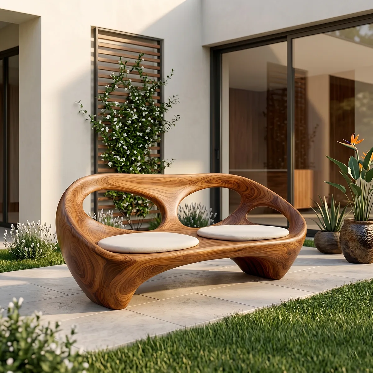 Organic Modern Outdoor Bench, Sculptural Curved Garden Loveseat Seating TH003-1399