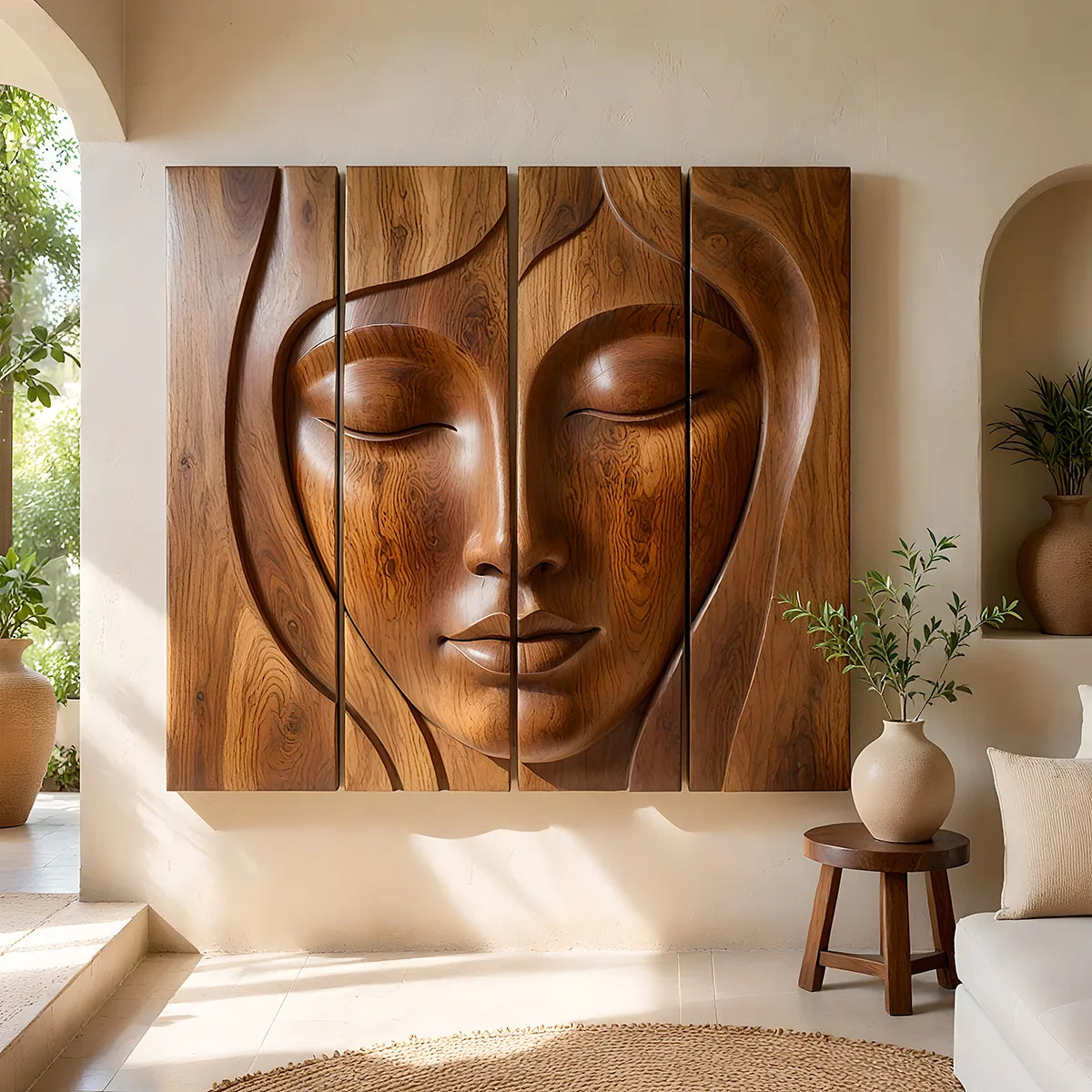 Abstract Wooden Face Wall Art | Large 4 Panel Hand Carved Wood Sculpture TT006-6938