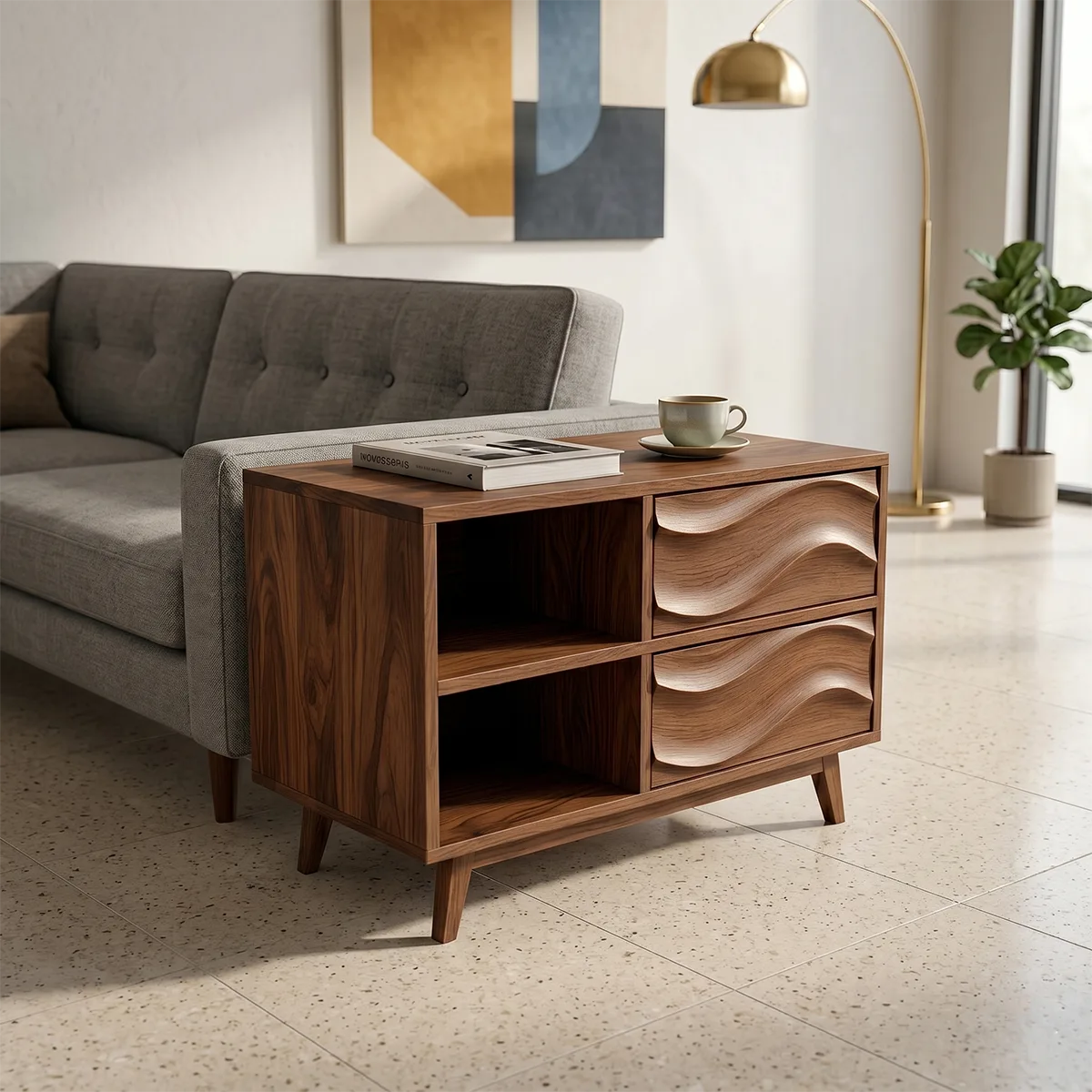 Modern Solid Wood End Table with Storage | Mid Century Side Table with 2 Drawers & Open Shelves TH003-4573