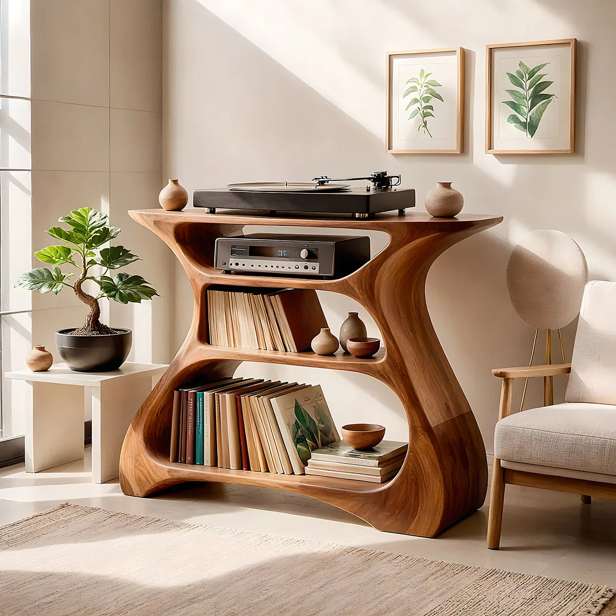 Solid Wood Record Player Stand, Modern Curved Vinyl Storage Console with Open Shelves