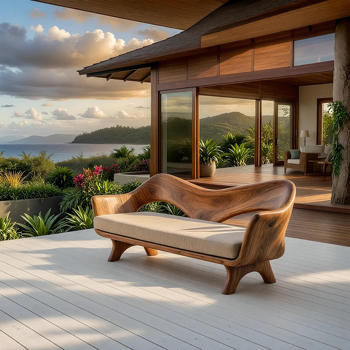 Luxury Sculptural Outdoor Wooden Sofa with Organic Modern Curved Design