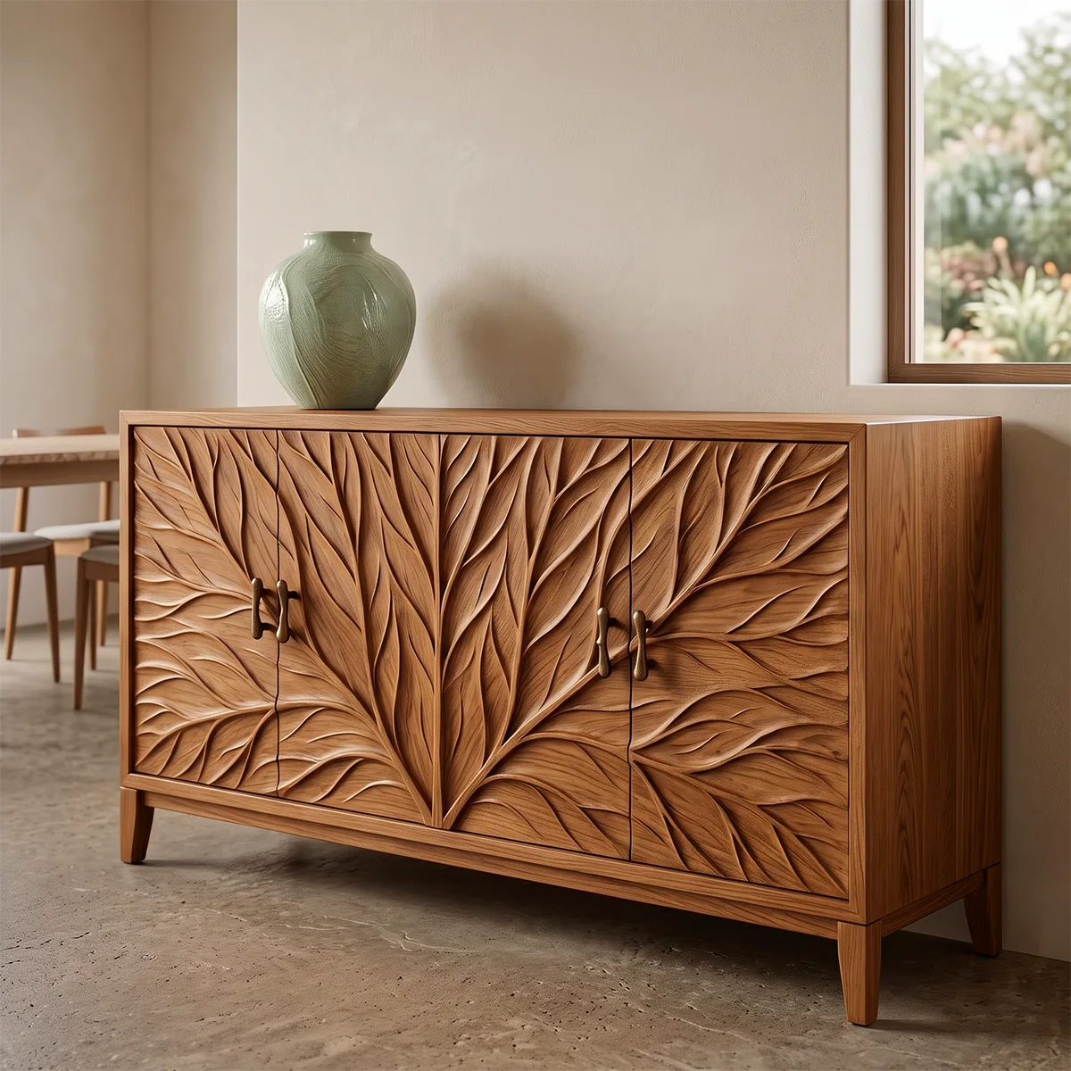 Leaf Carved Solid Wood Sideboard | Botanical Buffet Cabinet for Organic Modern & Japandi Interiors TH003-8571