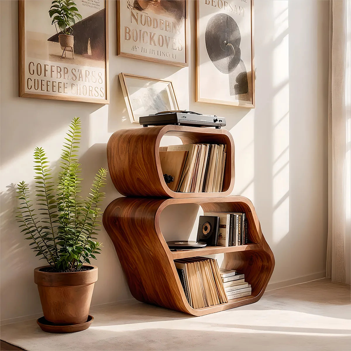 Luxury Solid Wood Curved Bookshelf, Modern Record Storage Cabinet