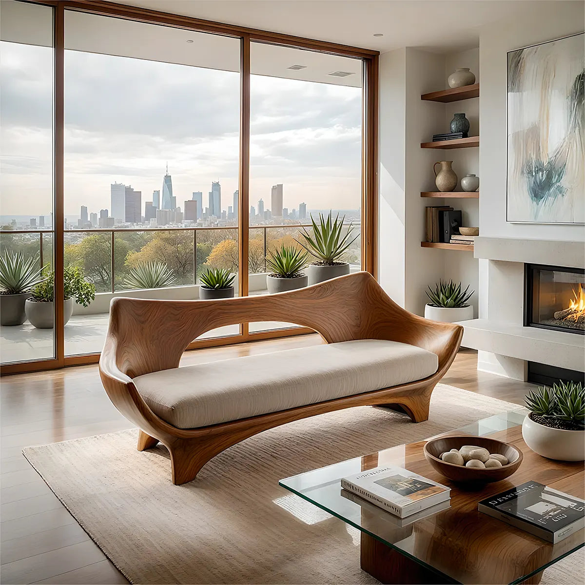 Luxury Organic Modern Wooden Sofa with Sculptural Curved Silhouette