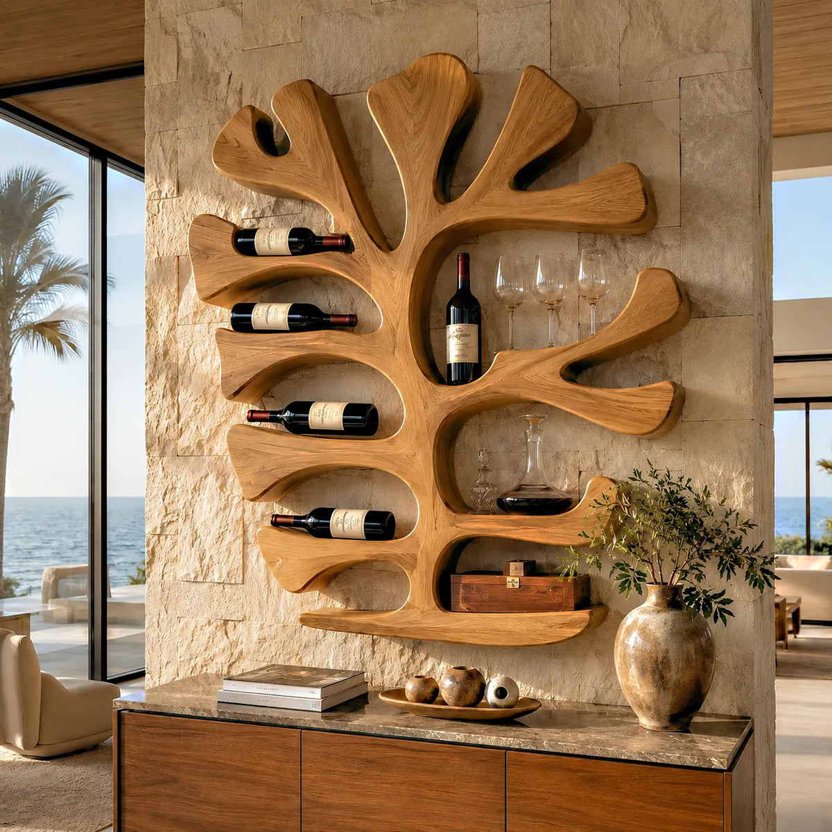 Sculptural Solid Wood Tree Wine Holder for Home Bars, Kitchen & Dining Rooms TT006-9699