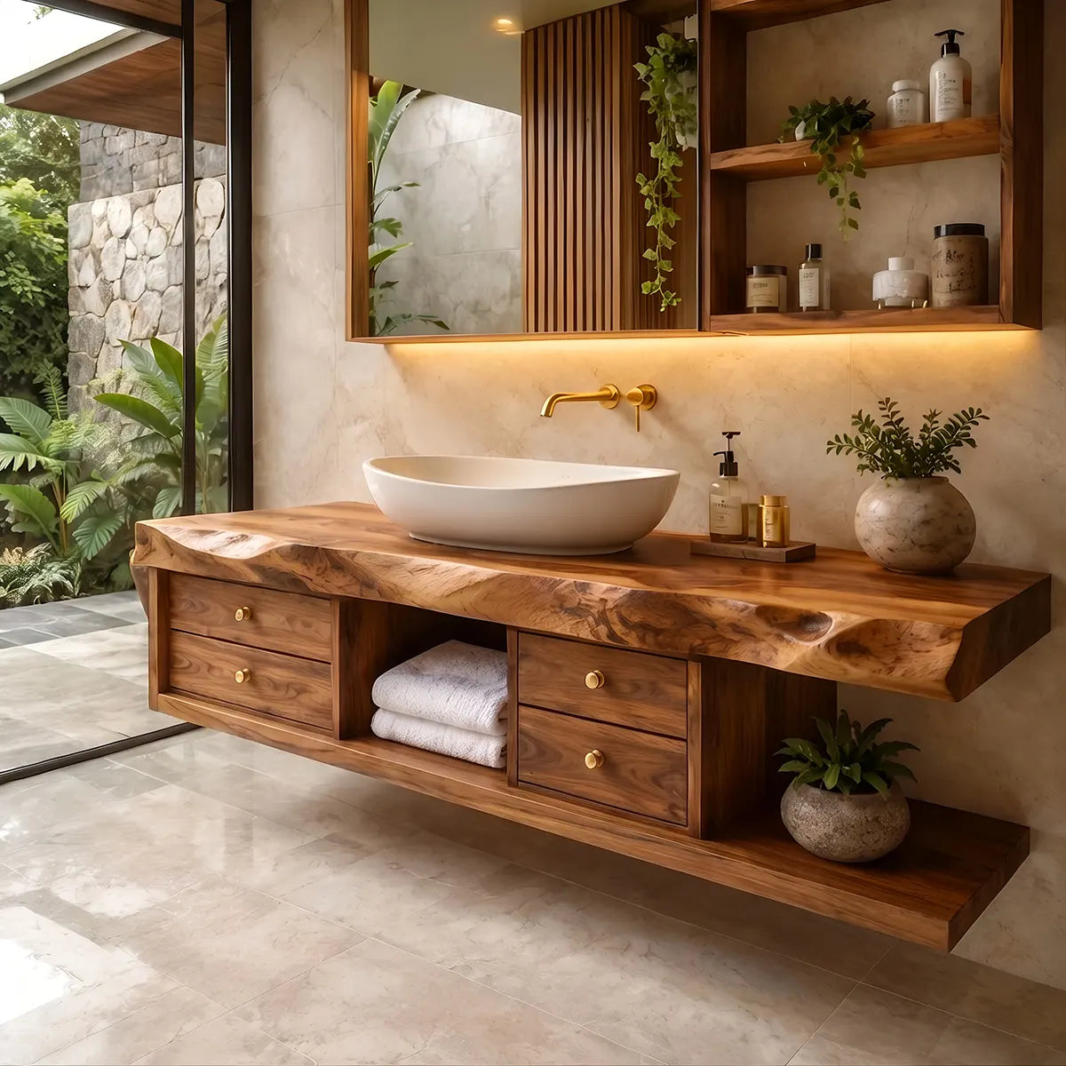 Live Edge Floating Bathroom Vanity | Wood Vanity with Drawers & Open Storage TT006-4VIS1BS