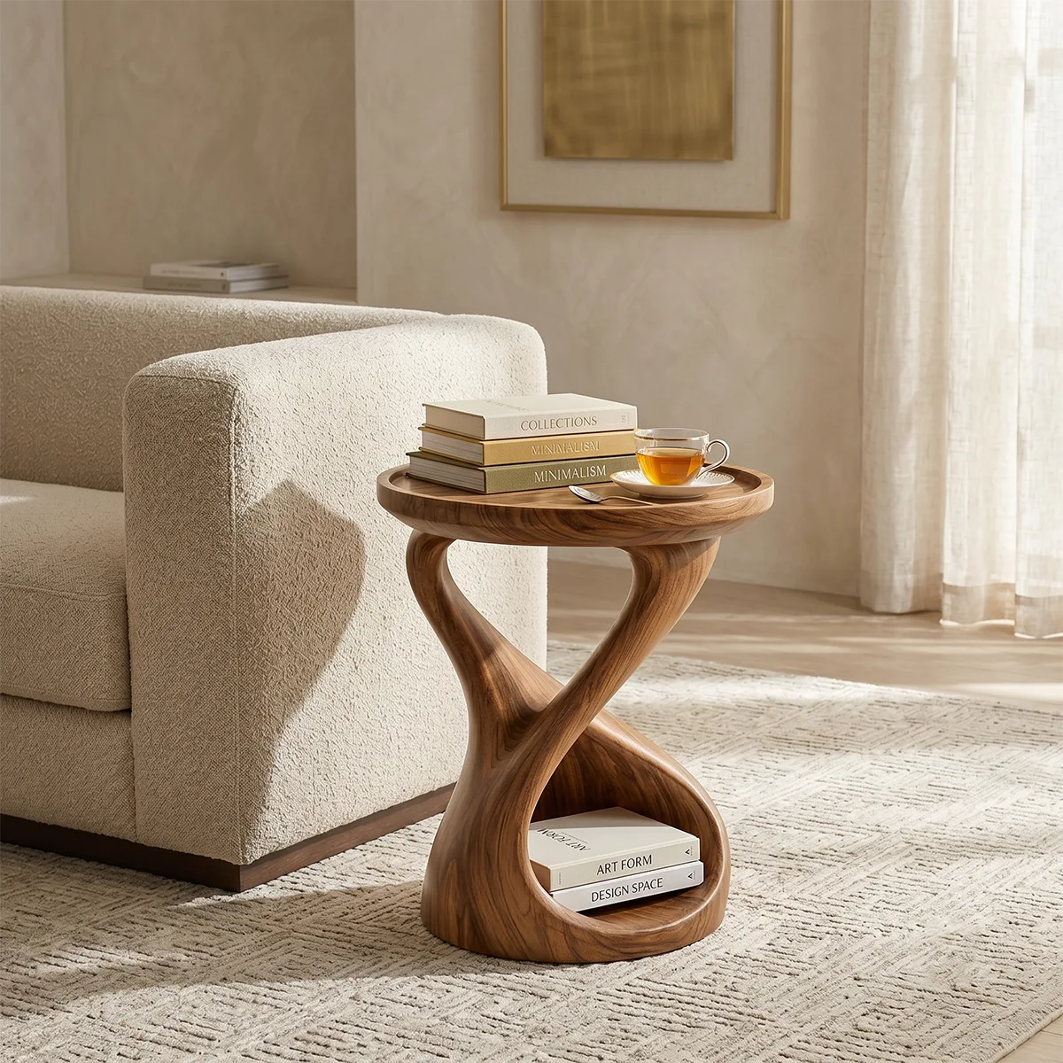 Hourglass Solid Wood Side Table with Storage | Sculptural End Table TH003-8108