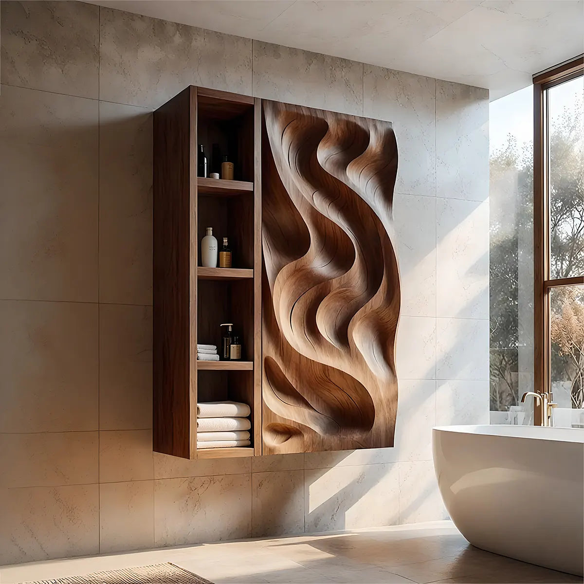 Solid Wood Wall Storage Cabinet Handcrafted Carved Wave Bathroom Cabinet