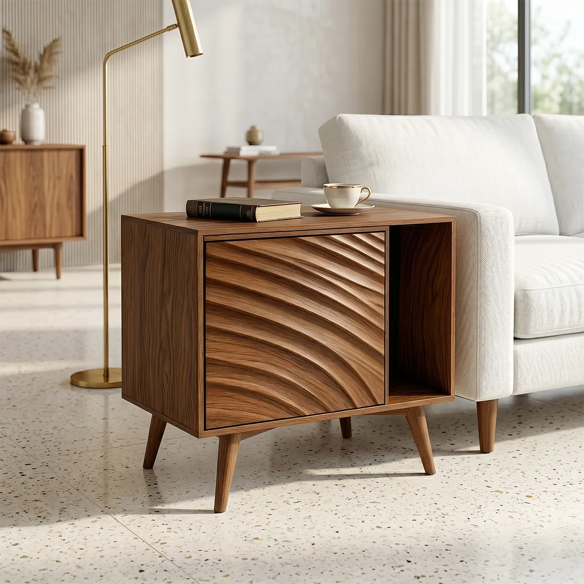 Modern Solid Wood End Table with Sliding Door | Mid Century Storage Side Table for Living Room TH003-6094