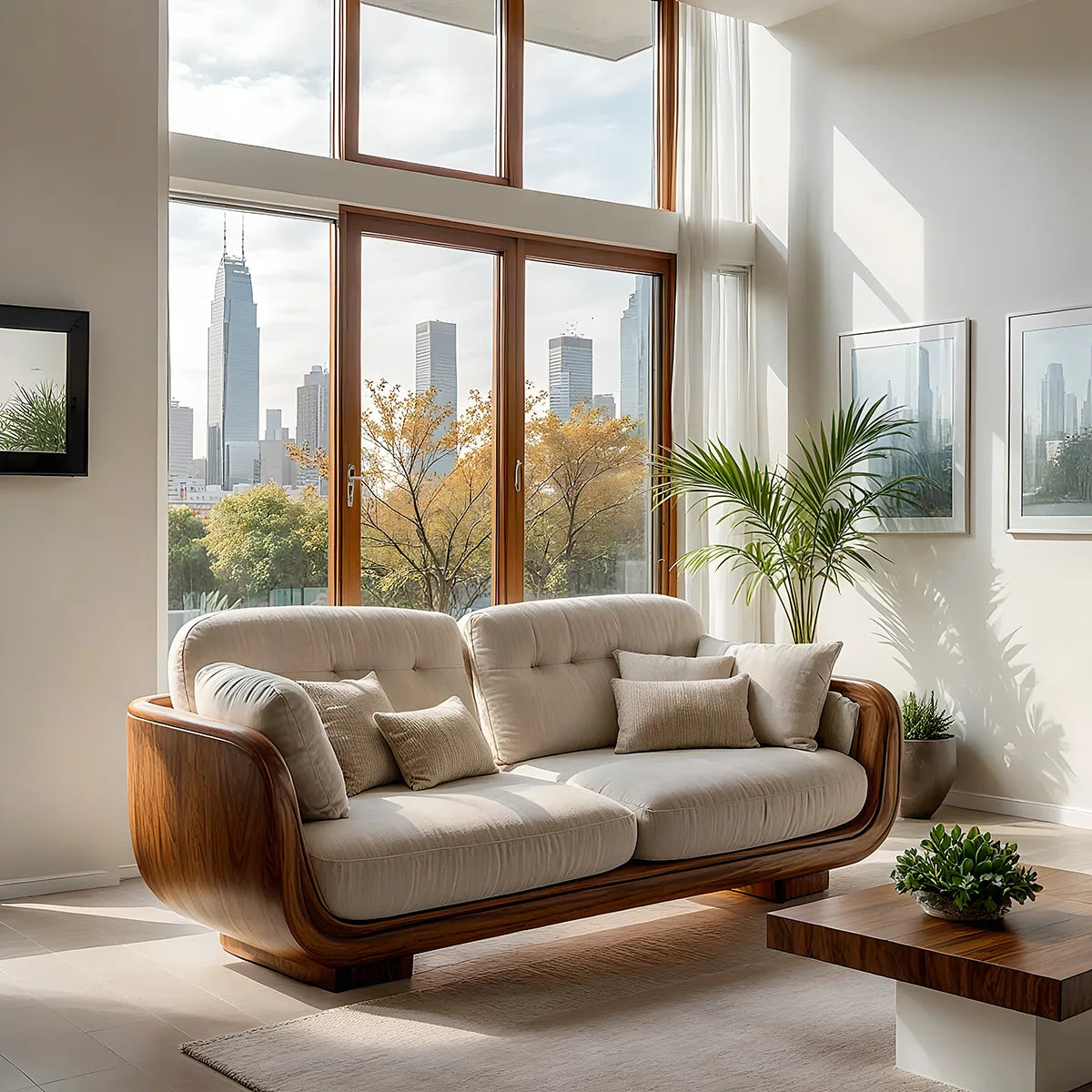 Luxury Curved Wooden Sofa with Organic Modern Sculptural Design