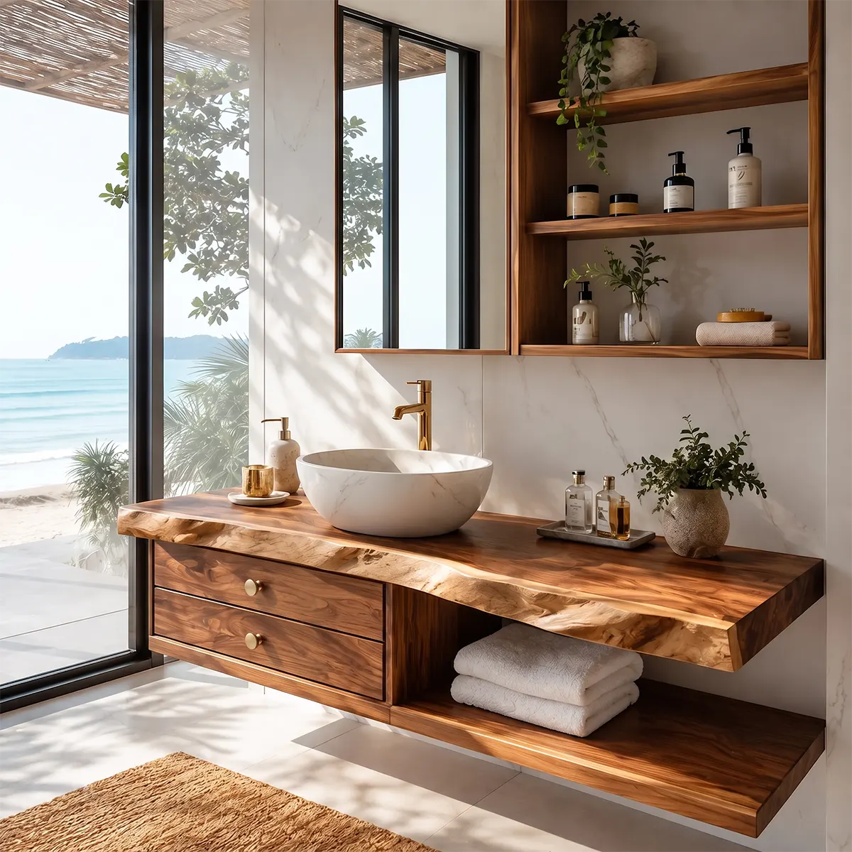 Live Edge Floating Bathroom Vanity | Wall Mounted Vanity with Drawers & Open Shelf TT006-4WJO5CA