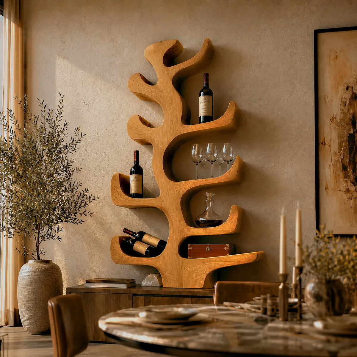 Sculptural Solid Wood Tree Wine Holder for Dining Rooms, Home Bars & Wine Lovers TT006-4348
