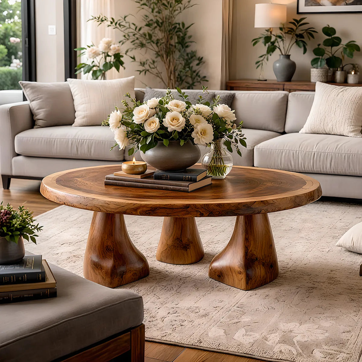 Round Solid Wood Coffee Table – Sculptural Pedestal Design TH003-7271