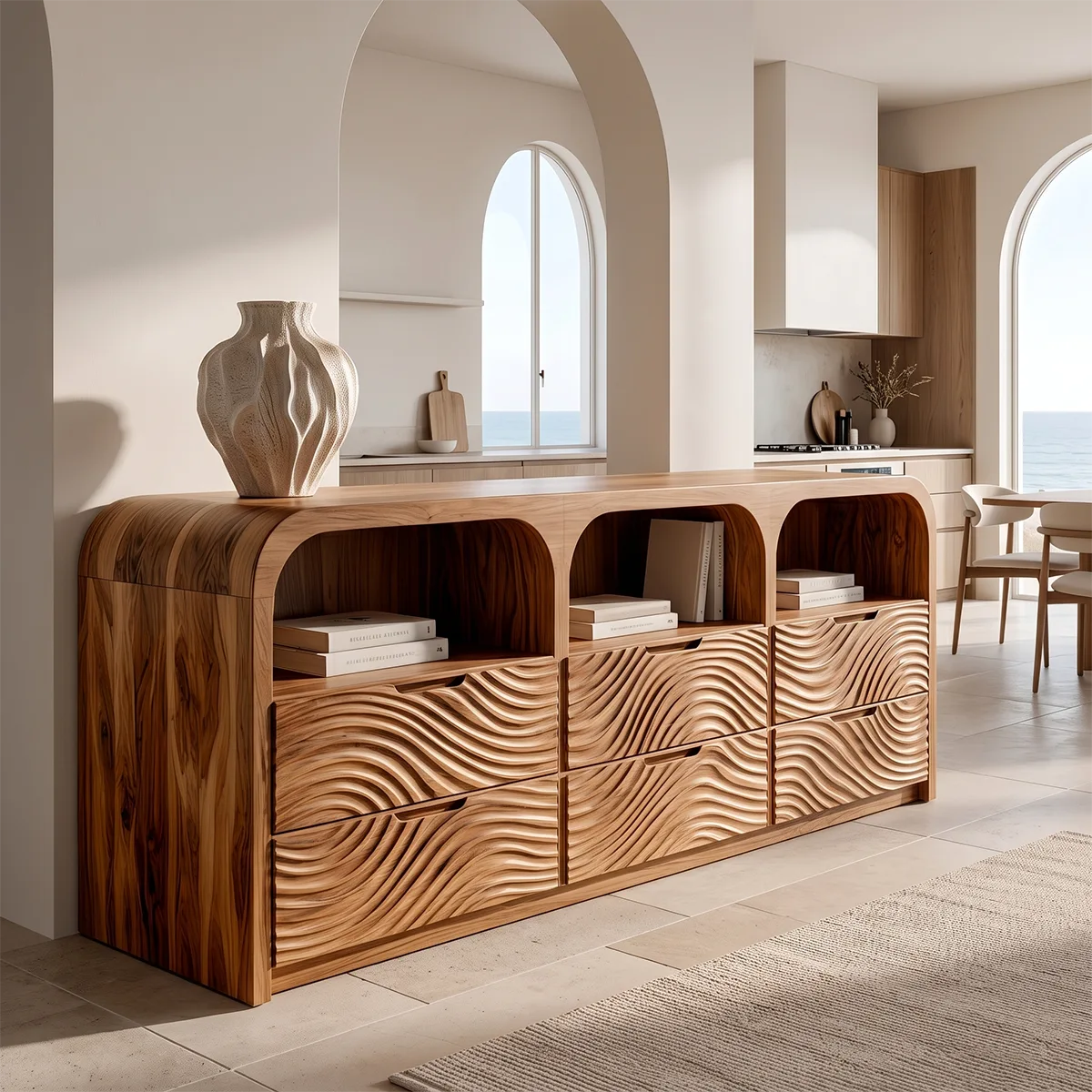 Wave Carved Solid Wood Storage Cabinet | Modern Credenza with Drawers & Open Shelves TH003-9574