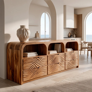 Wave Carved Solid Wood Storage Cabinet | Modern Credenza with Drawers & Open Shelves TH003-9574