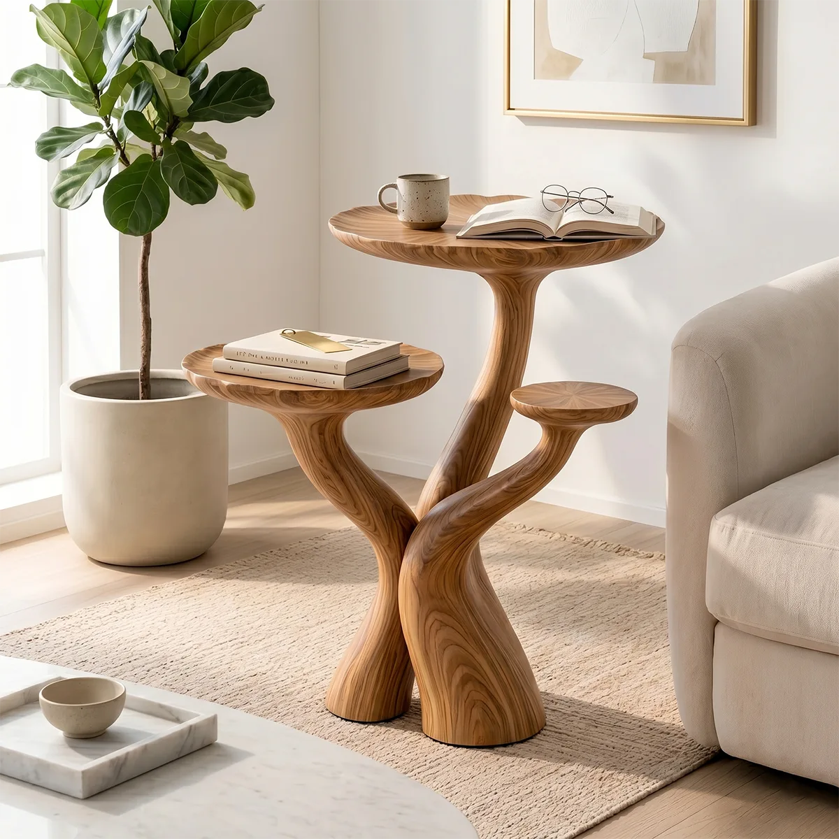 Three-Tier Solid Wood Side Table | Sculptural Branch Design TH003-6418