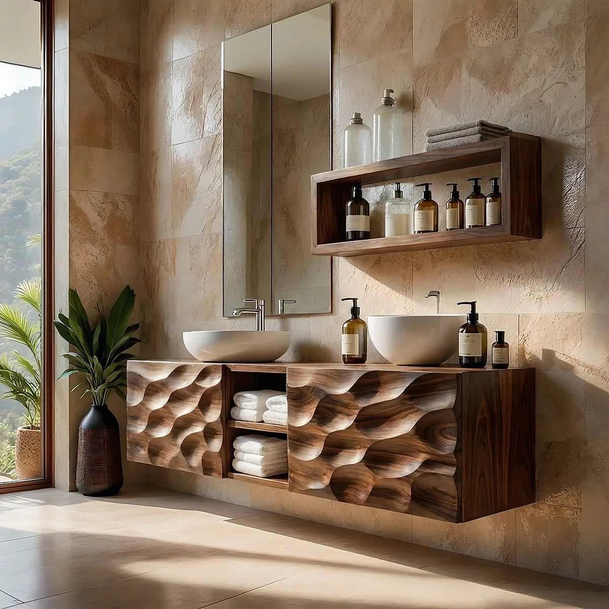 Floating Solid Wood Bathroom Vanity with Carved Doors and Open Center Shelf