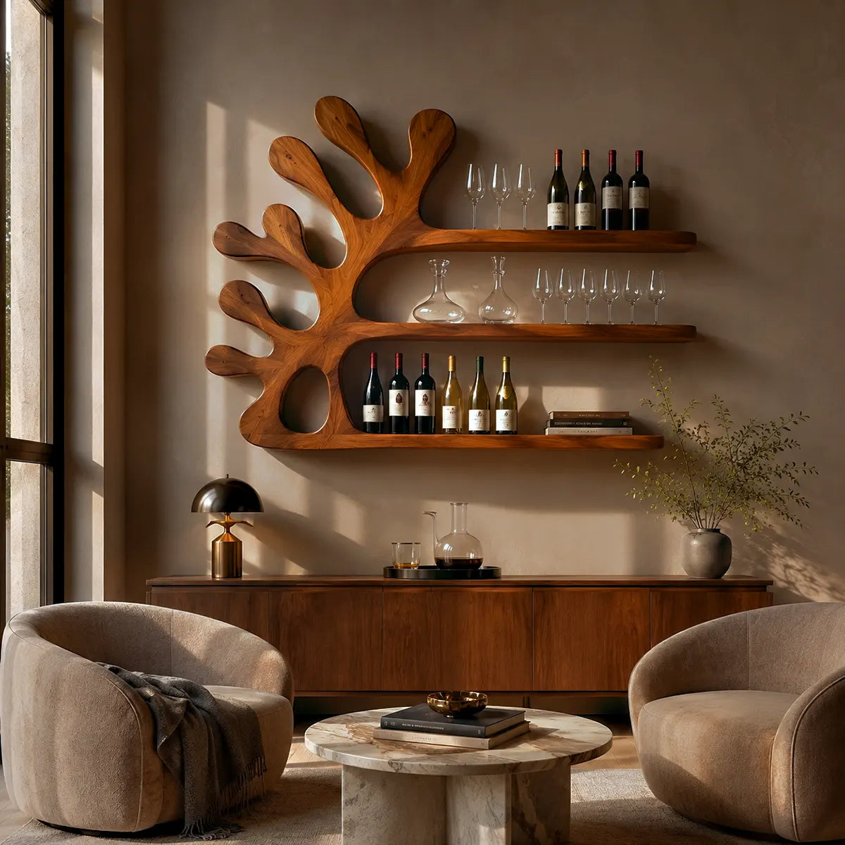 Sculptural Solid Wood Tree Wall Wine Rack for Home Bars & Wine Lovers TT006-9897