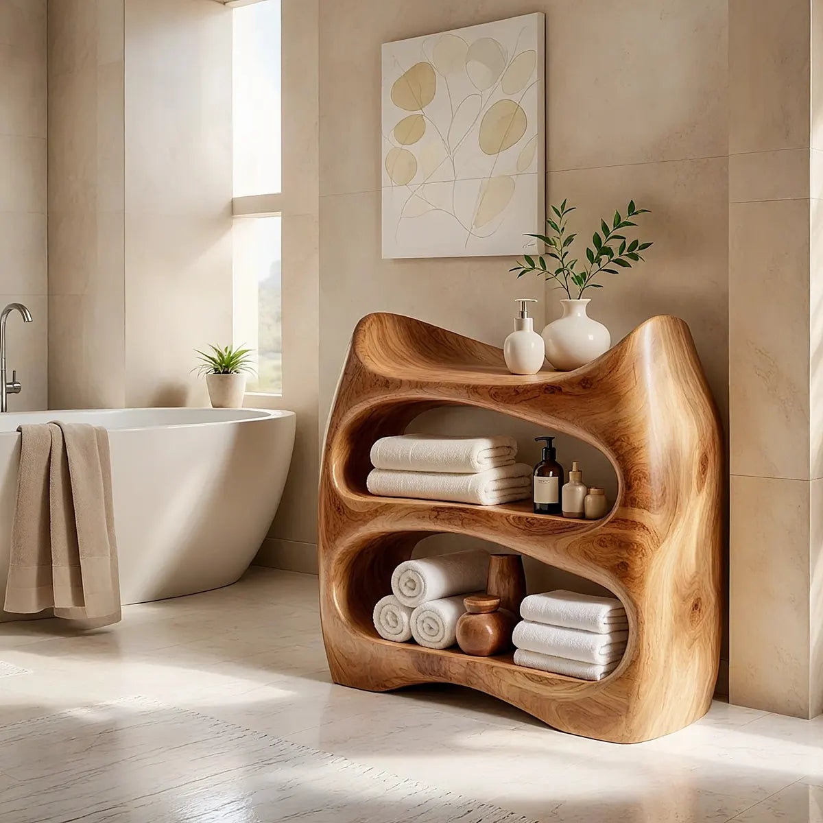 Sculptural Bathroom Vanity with Open Shelves | Freestanding Curved Vanity TT006-5ZSC4PA