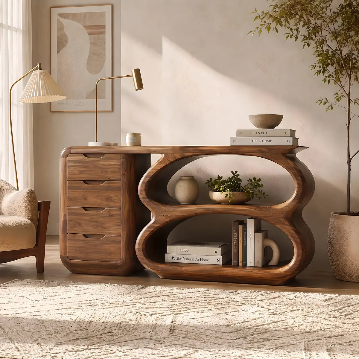 Modern Organic Storage Console Table with Drawers & Open Shelves | Solid Wood Entryway Console TT006-4338
