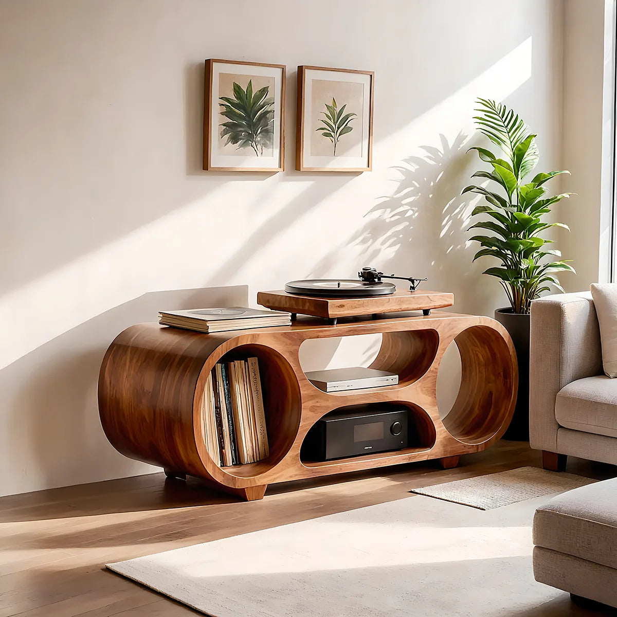 Solid Wood Record Player Stand, Modern Media Console with Vinyl Storage Shelves