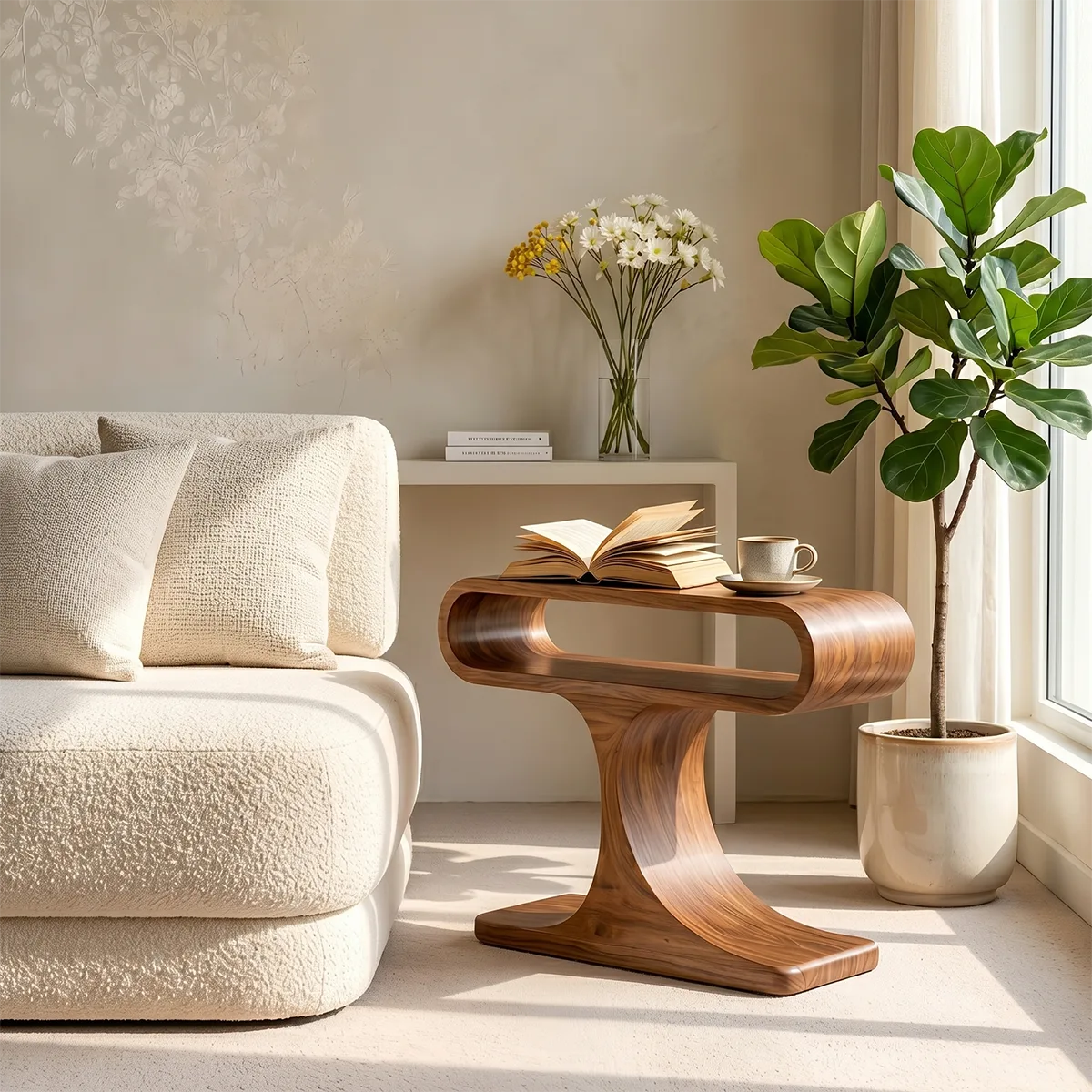 Curved Solid Wood Side Table with Shelf | Sculptural End Table TH003-6409