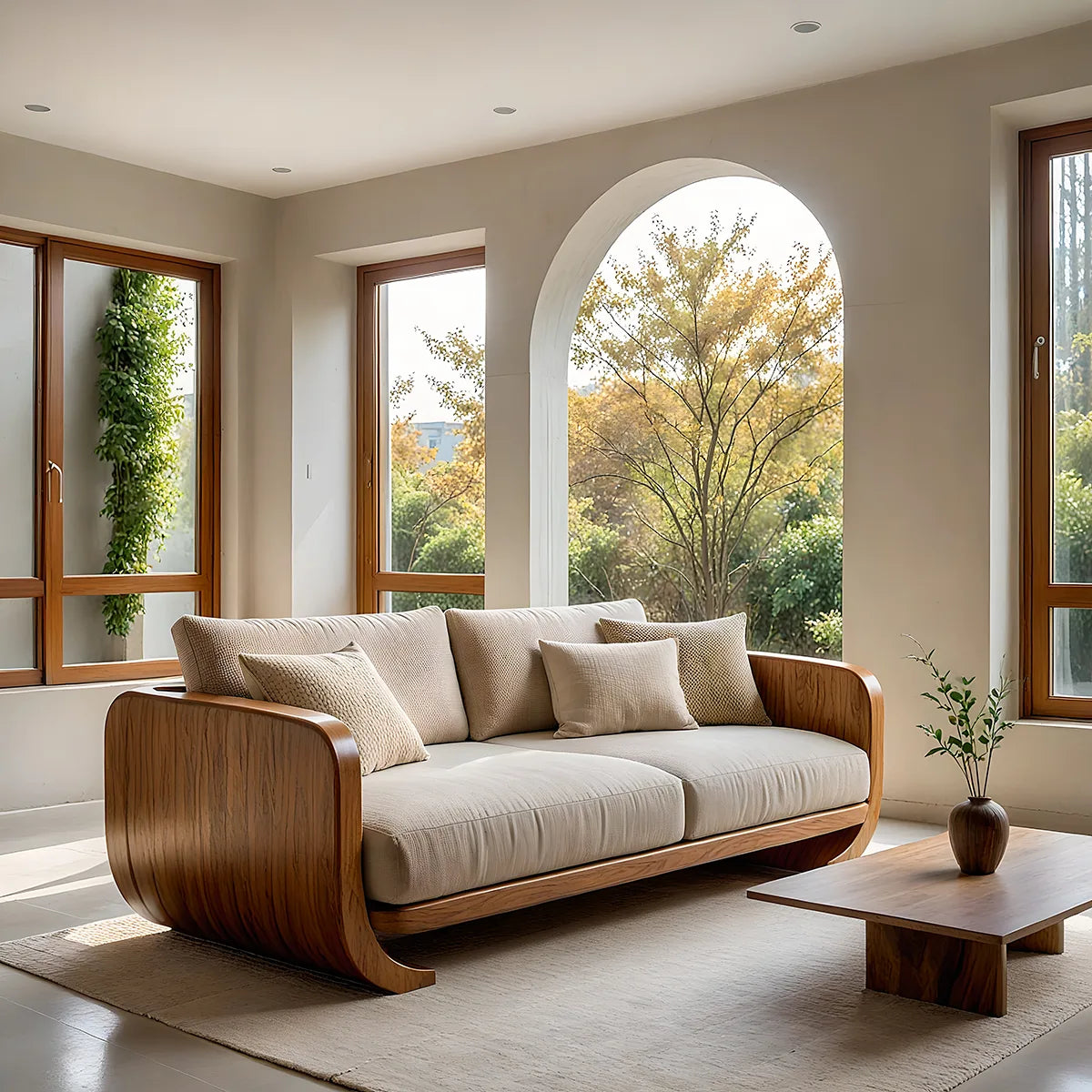 Luxury Organic Modern Wooden Sofa with Curved Sculptural Armrests