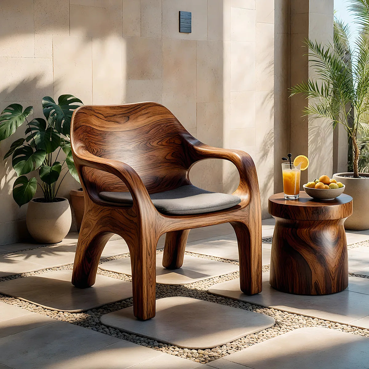 Handcrafted Solid Wood Lounge Chair Sculpted Organic Accent Chair with Armrests