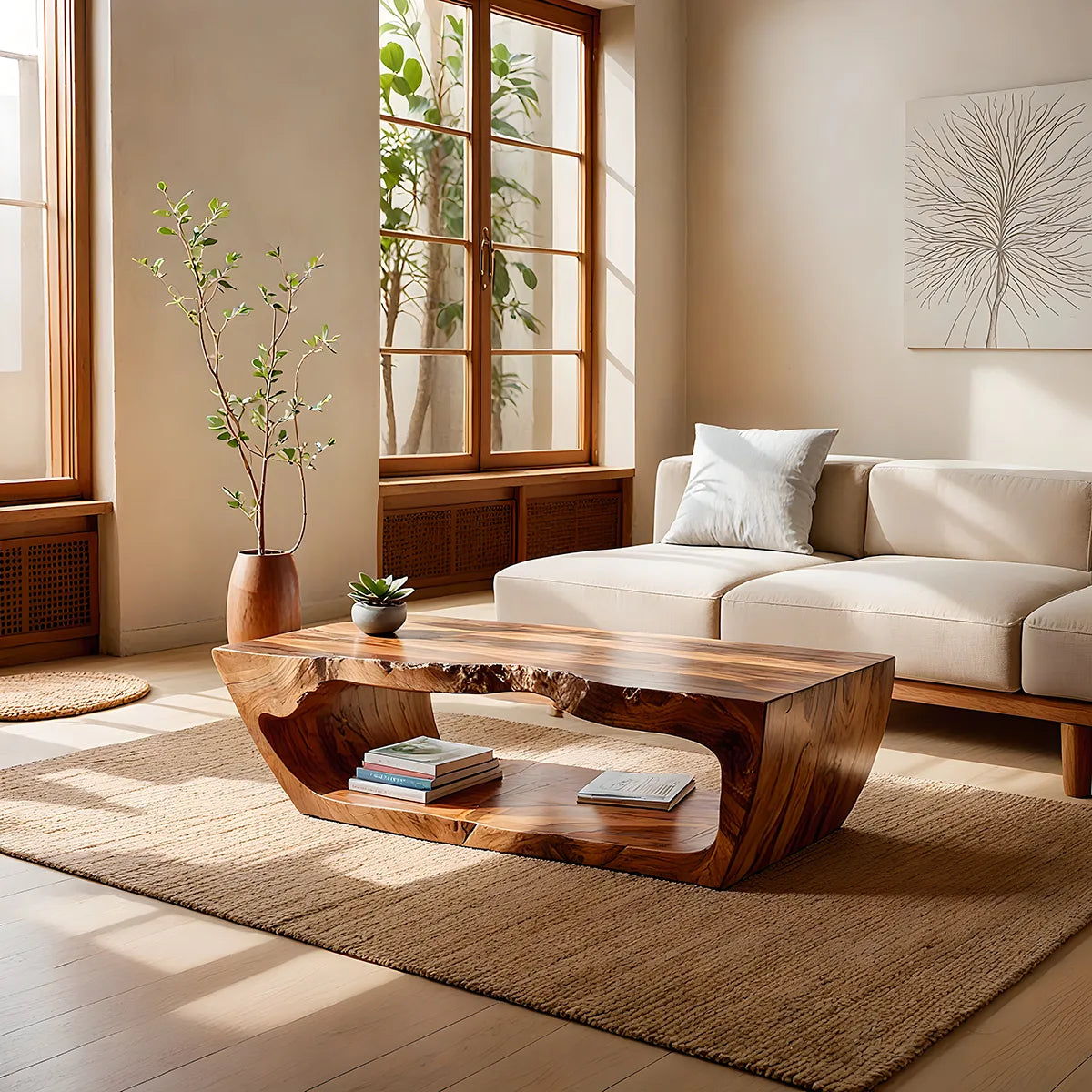 Live Edge Solid Wood Coffee Table with Shelf – Handcrafted Rustic Modern Table