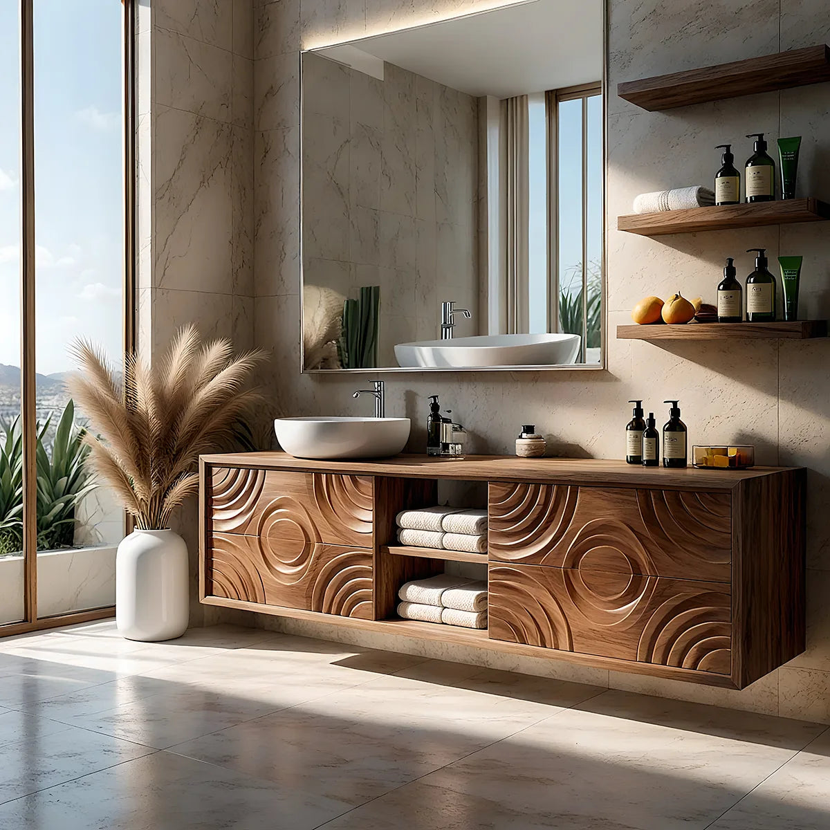 Floating Solid Wood Bathroom Vanity with Carved Doors and Open Center Shelf
