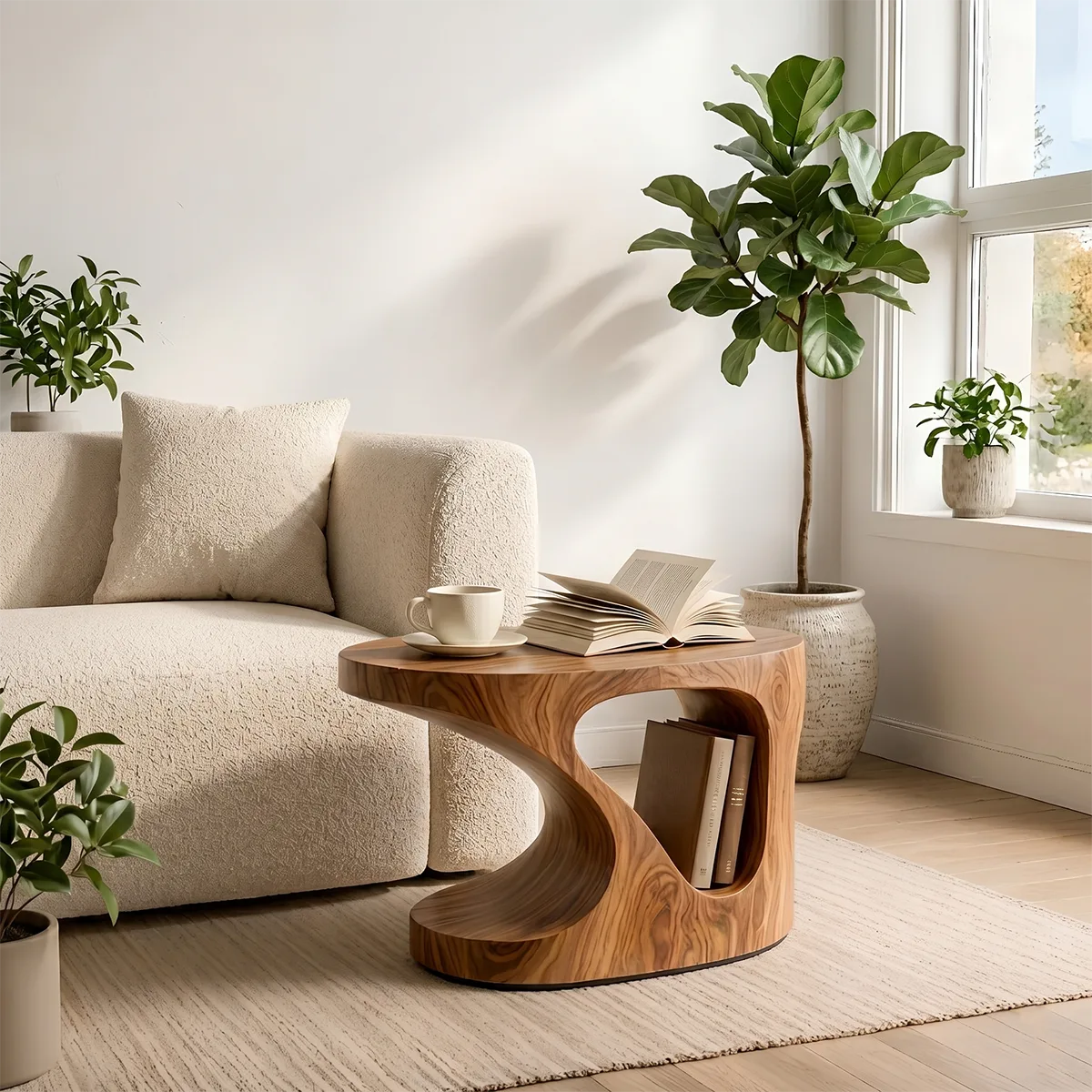 Solid Wood Side Table with Book Storage | Sculptural Design End Table TH003-9003
