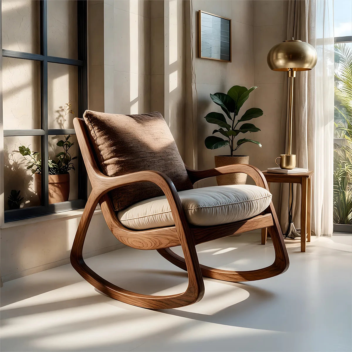 Handcrafted Solid Wood Rocking Lounge Chair, Organic Walnut Accent Chair