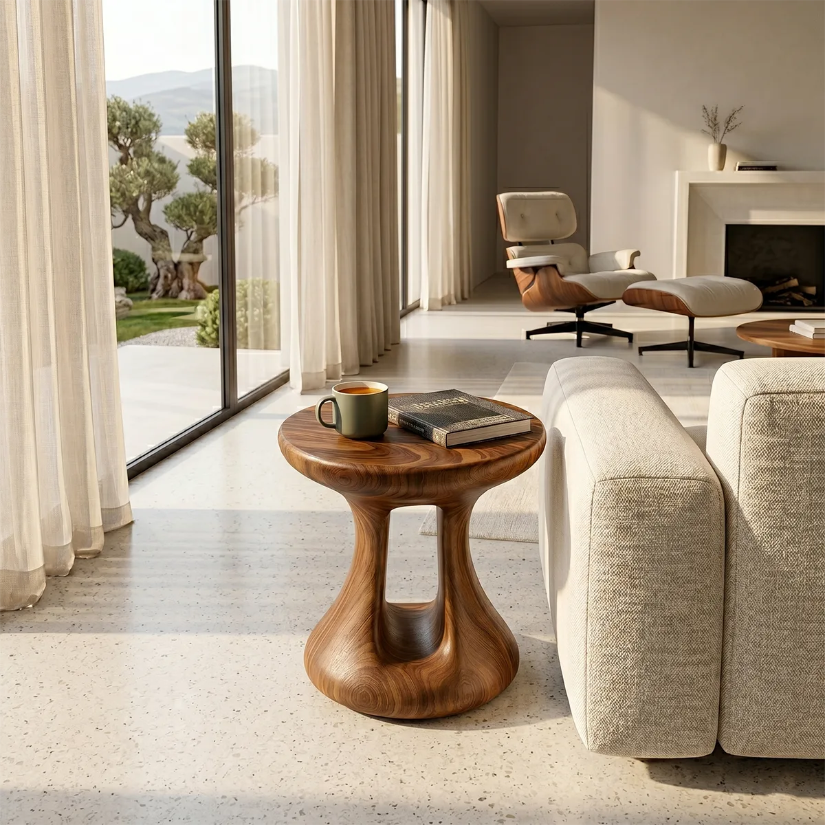 Organic Solid Wood Round End Table | Sculptural Pedestal Side Table for Modern Living Room TH003-6440