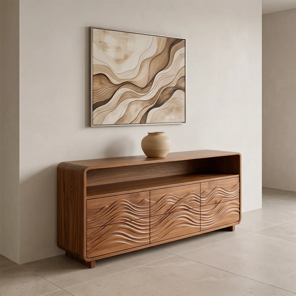 Modern Sideboard Cabinet | Wave Carved Storage Cabinet with Open Shelf & 6 Drawers TH003-7310