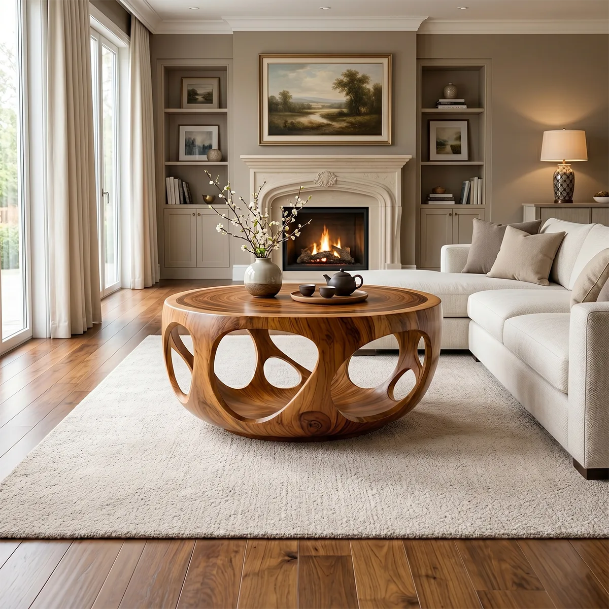 Round Solid Wood Coffee Table – Artistic Openwork Design TH003-2510