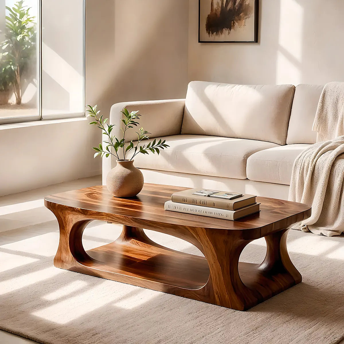 Modern Coffee Table with Shelf | Organic Sculptural Cocktail Table for Contemporary Living Room TT006-5621