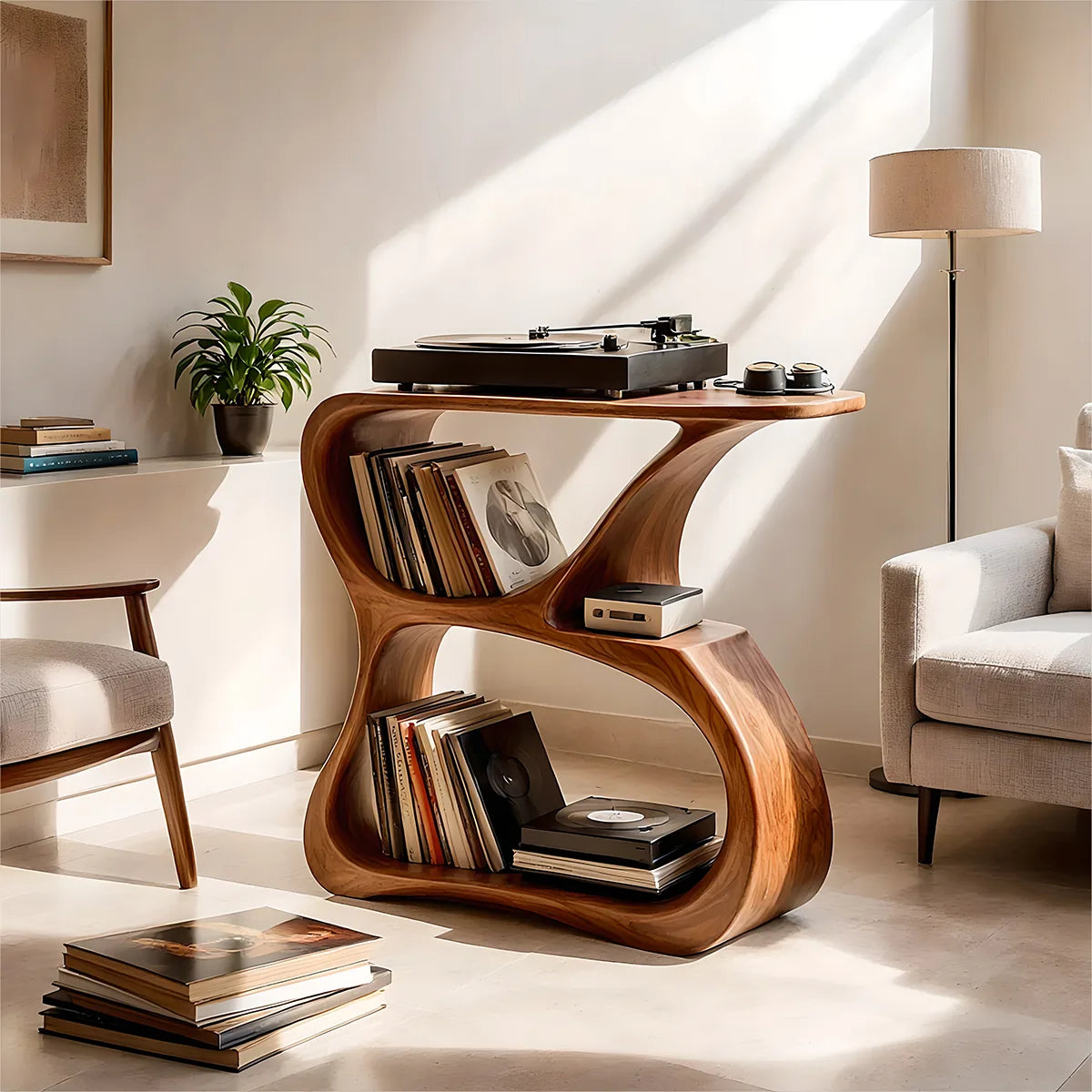 Luxury Solid Wood Record Player Stand, Curved Wooden Vinyl Storage Cabinet