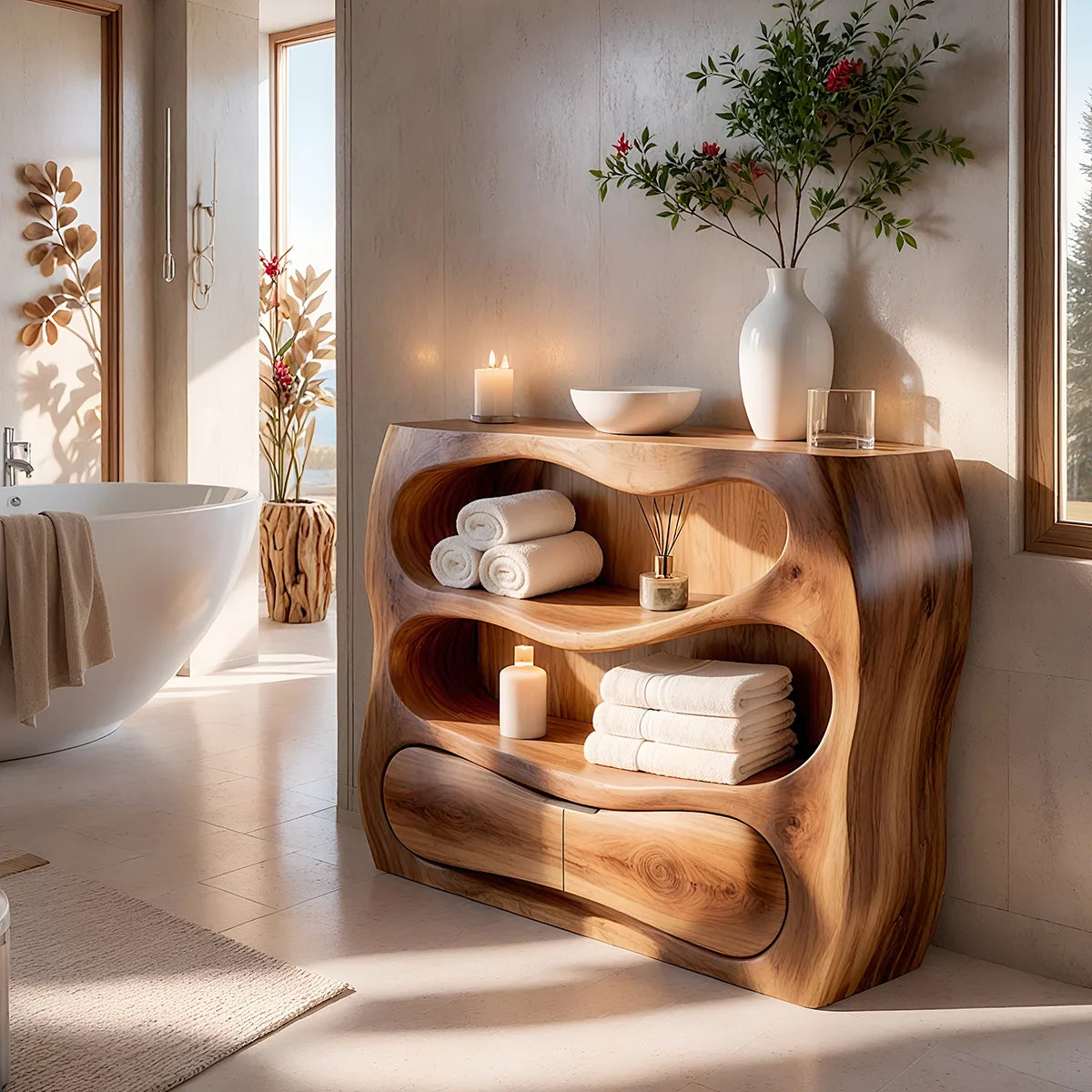 Sculptural Wood Bathroom Vanity | Organic Freestanding Vanity with Open Shelves & Storage Cabinet TT006-6NGL3LR