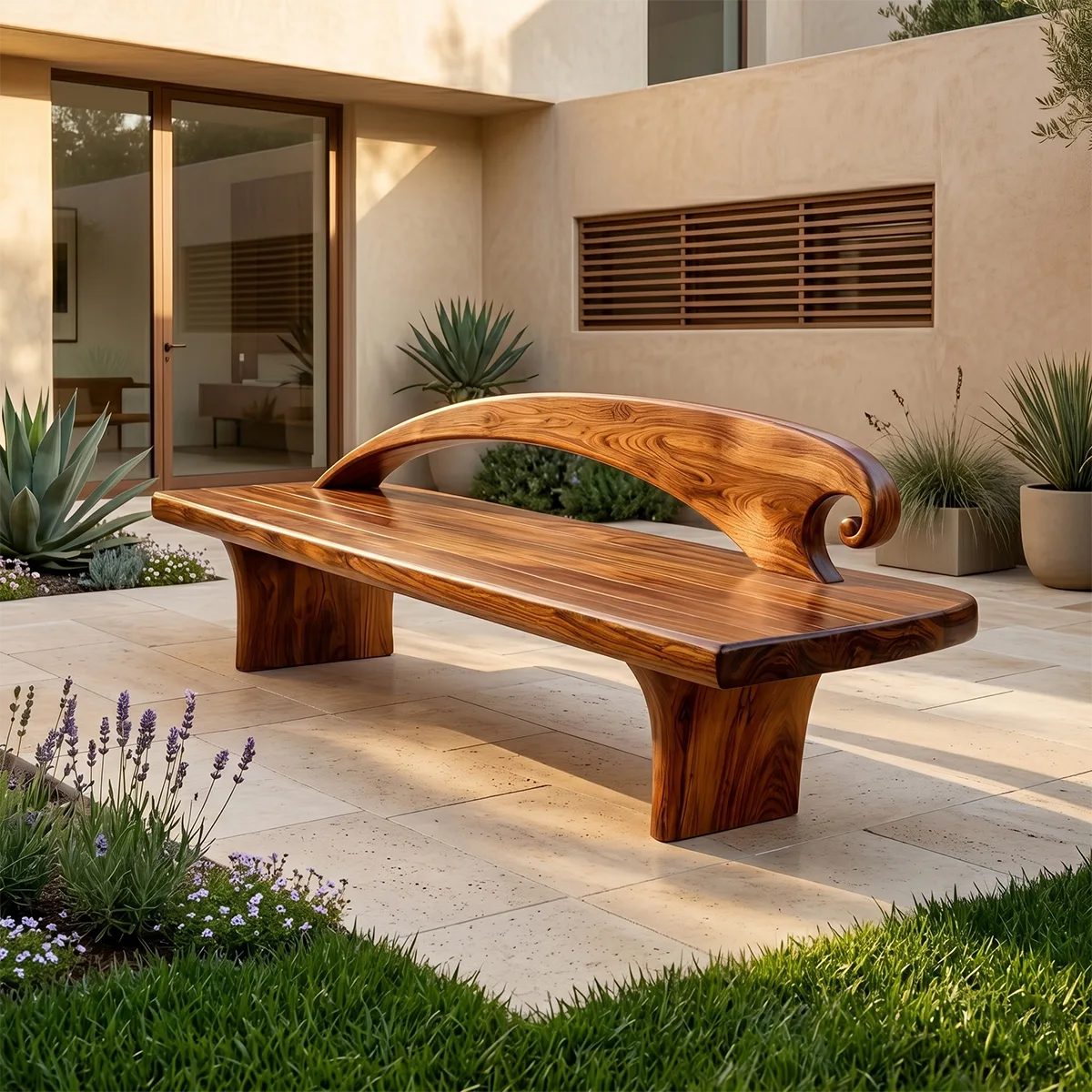 Curved Crest Back Garden Bench, Sculptural Wooden Outdoor Seating TH003-2509