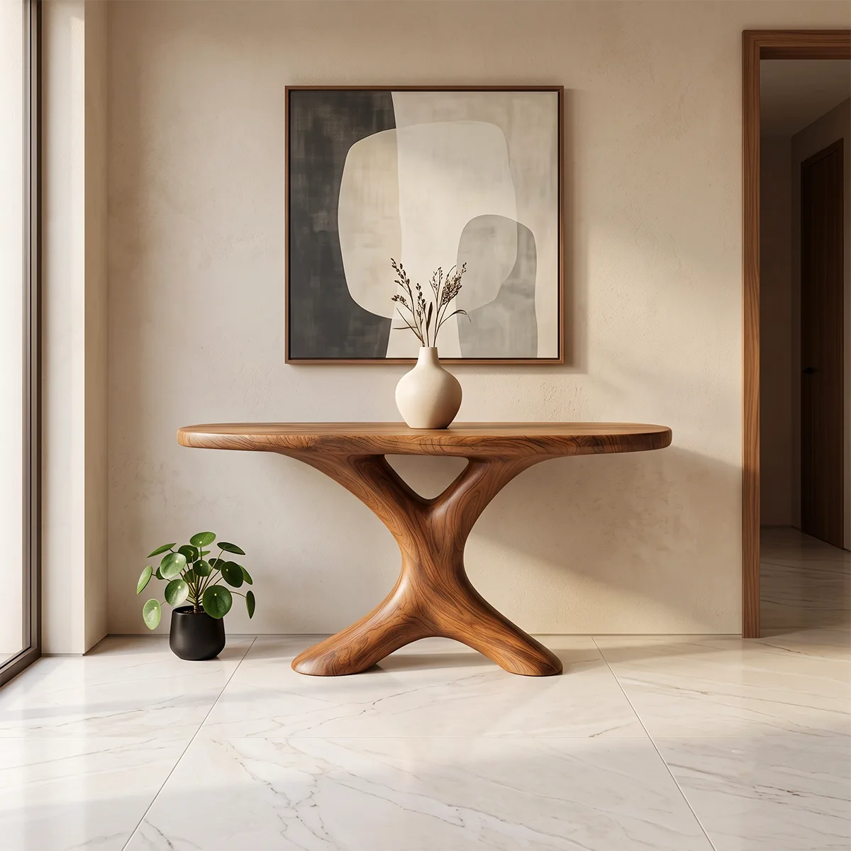 Modern Sculptural Console Table | Organic Entryway Accent Table with Architectural Pedestal TH003-1525