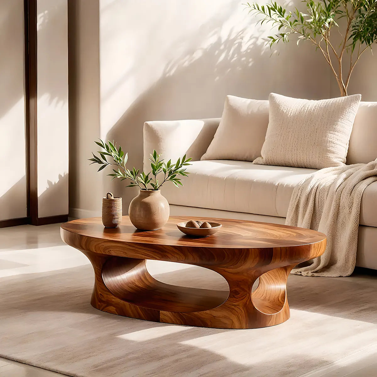 Modern Oval Coffee Table with Shelf | Sculptural Cocktail Table for Contemporary Living Room TT006-1650
