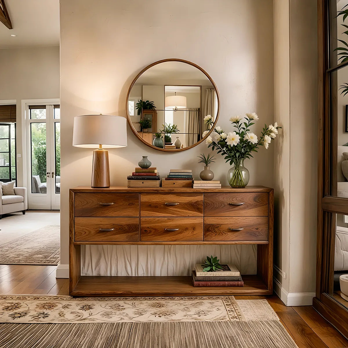 Modern 6 Drawer Console Table with Open Shelf – Minimalist Entryway Storage Cabinet TH003-9381